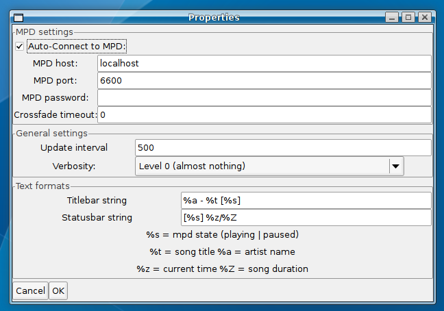 Properties dialog